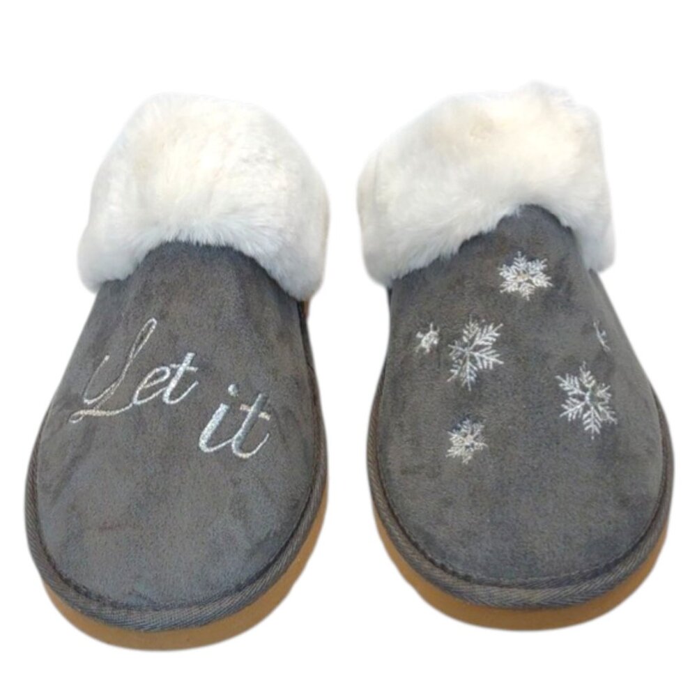 G.H. Bass Gray Fabric White Faux Fur Silver "Let It" Snowflake Scuff Slippers
